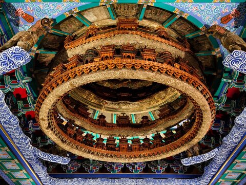 The caissons (Zaojing) in the Museum of Historical Architecture of the Temple of Agriculture in Beijing, China