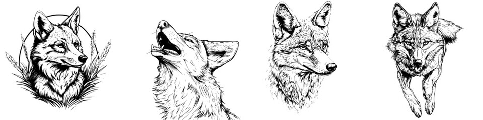 Fototapeta premium Unique illustrations of foxes showcasing different poses and expressions in a monochromatic design