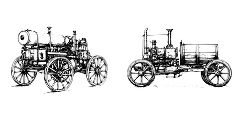 Classic steam engines showcased in detailed black and white line art on a neutral background