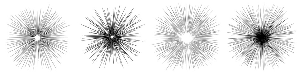 Fototapeta premium Abstract black and white illustrations of starbursts radiating from a central point at various intensities