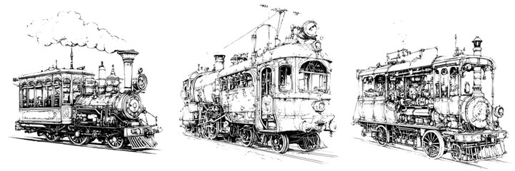 Historic steam locomotives showcasing intricate designs from different eras during a train exposition