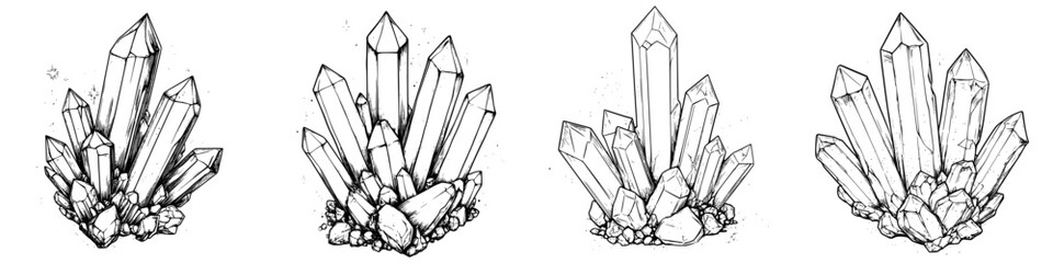 Elegant illustrations of crystal formations showcasing intricate details and natural beauty in a clear line art style