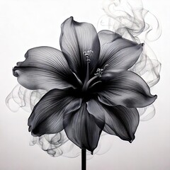 Dark plumeria Flower with Abstract Smoke- Monochromatic Botanical Art on a white background