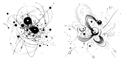 Exploring dynamic patterns of atomic interactions in black and white illustrative art