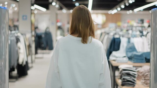 Female shopper enters cloth mall walking through well-lit retail environment featuring racks of neatly arranged clothing, bright interior, and modern store design
