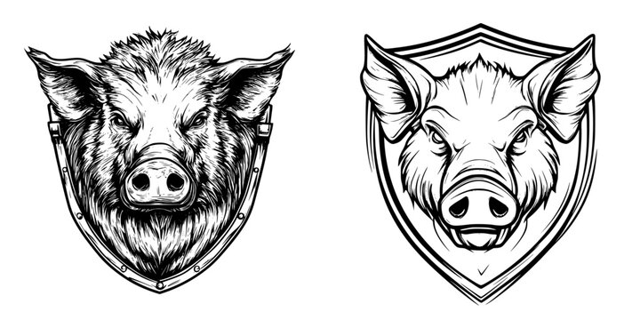 Graphic representation of wild boar and domestic pig in shield designs suitable for branding and logos