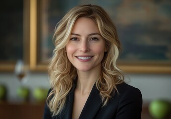 Fototapeta premium Professional portrait of a smiling woman with wavy blonde hair in a modern setting, exuding confidence and approachability in a stylish outfit