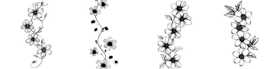 Obraz premium Floral designs displayed in a black and white pattern showcasing various blooming flowers and foliage on a simple background
