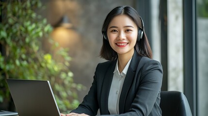 Asian Female customer care service smiling and working