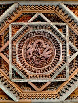 The caissons (Zaojing) in the Museum of Historical Architecture of the Temple of Agriculture in Beijing, China