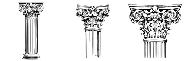 Ornate architectural columns showcasing classical design elements from ancient Greek and Roman cultures