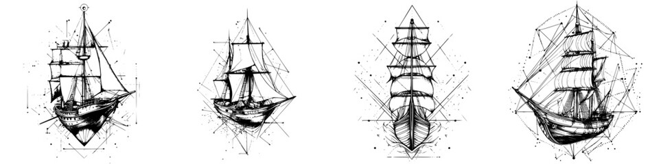 Elegant sketches of vintage ships featuring intricate designs and nautical elements in black ink on a white background
