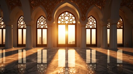 Obraz premium Intricate mosque window design with sunlight streaming through stunning architectural features and beautiful reflections on polished marble floor, Grand Hall of a Gilded Palace