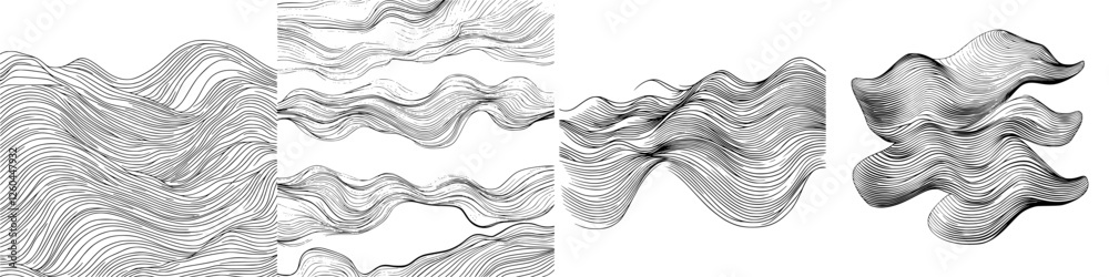 Poster flowing lines create abstract waves in a monochrome pattern that conveys movement and depth across m