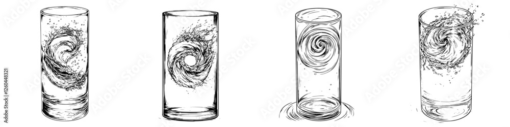 Poster swirling liquid patterns in clear glasses creating mesmerizing movements over time captured in seque