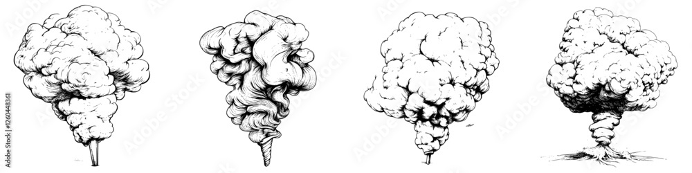 Poster smoke patterns in various shapes and densities swirling and rising from different sources in a monoc