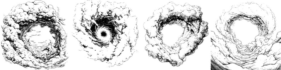 Intricate patterns of swirling clouds depict a dynamic atmosphere in black and white, showcasing a sense of movement and depth