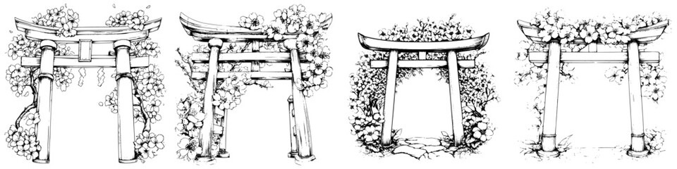 Obraz premium Artistic representations of traditional gates adorned with vines and flowers in a serene garden setting