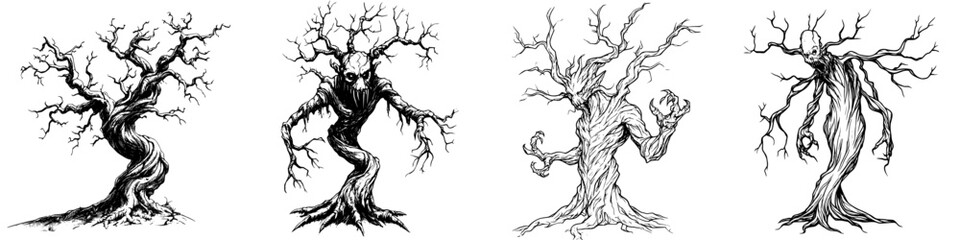 Obraz premium Various stylized tree figures depicting unique mythical creatures in a fantasy art style