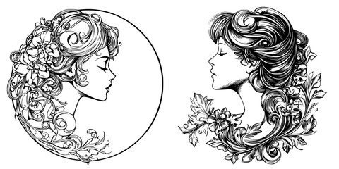 Fototapeta premium Elegant line art featuring two graceful women surrounded by floral designs in vintage style
