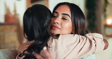 Women, friends and hug with support for care, love or trust from grief, loss or breakup in living room. People, empathy and embrace for emotional trauma, sad news or tough time comfort in home lounge