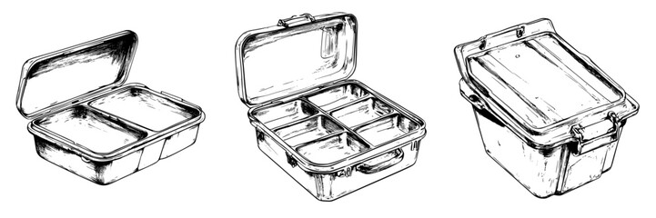 Lunch boxes displayed with different compartments and designs for carrying food and meals conveniently