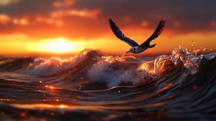 Majestic Sunset Flight: A Seagull Soaring Over Fiery Waves