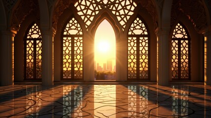 Obraz premium Stunning Architectural View of Mosque Window Framing a Golden Sunset over City Skyline in Warm Natural Light, Grand Hall of a Gilded Palace