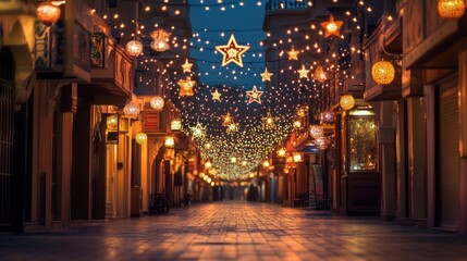 Enchanting evening stroll, Illuminated streetscape adorned with festive lights