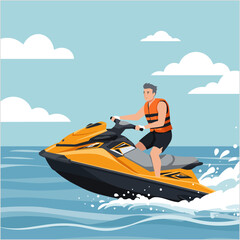 Man Riding Jet Ski on Water with Life Jacket and Clouds