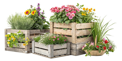 Wooden crates filled with flowers.
