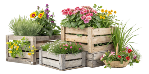 Wooden crates filled with flowers.