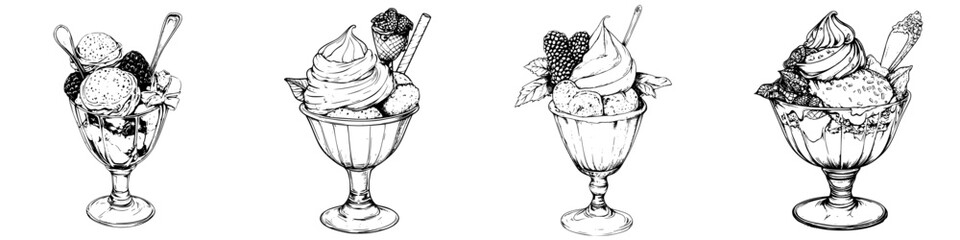 Various types of ice cream sundaes presented in elegant glass dishes with different toppings and textures