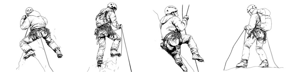 Fototapeta premium Climber navigating vertical challenges during a mountain ascent in a remote area at dawn