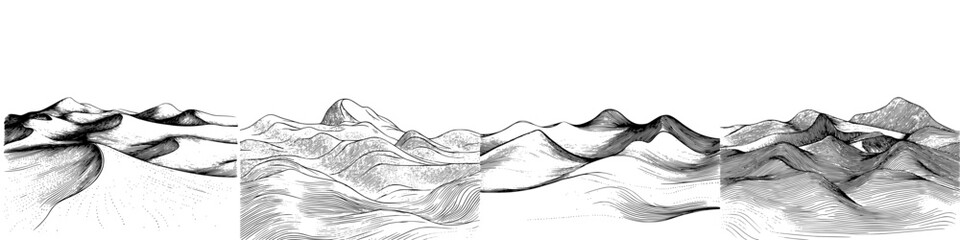 Stunning black and white landscape illustrating mountain ranges in varying textures and forms