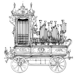 Intricate vintage street organ with decorative design and numerous pipes on wheels located in an urban setting