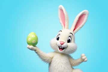 Obraz premium White Bunny Holding Easter Egg on Light Blue Background