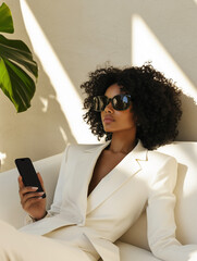 Portrait of a fashionable woman in white attire and bold earrings, exuding class and confidence,