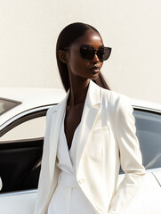 woman in monochrome outfit and sunglasses, embracing timeless elegance