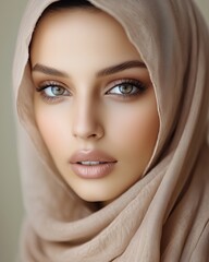 Stunning close-up portrait of a woman wearing a beige hijab, emphasizing her striking eyes.