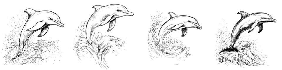 Obraz premium Vector illustration of playful dolphins jumping through ocean waves in a hand-drawn style