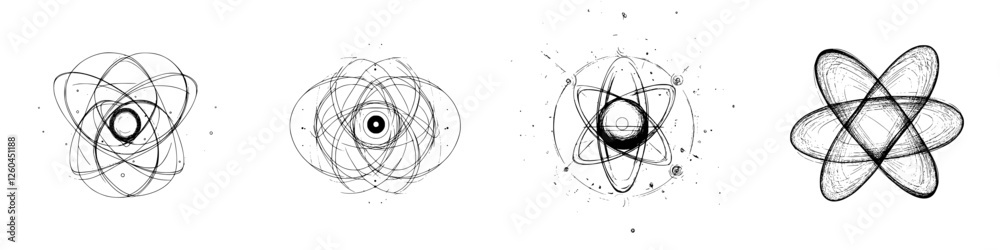Poster vector illustration of hand-drawn atomic structures showcasing various styles and designs with abstr
