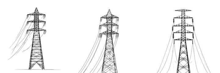 Vector illustration of hand-drawn power transmission towers in a minimalist style