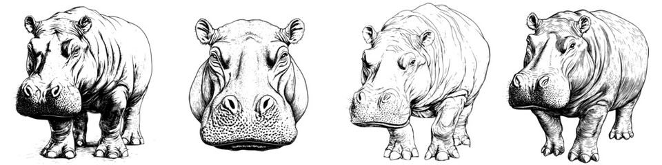 Fototapeta premium Hand-drawn vector illustration showcasing a series of hippo poses in a whimsical style
