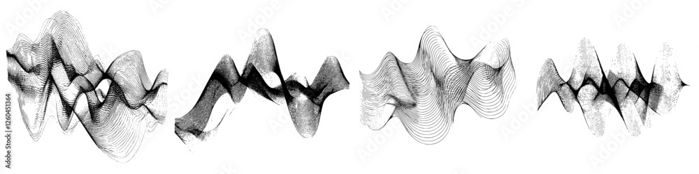 Poster digital waveforms illustrating complex sound patterns in black and white design