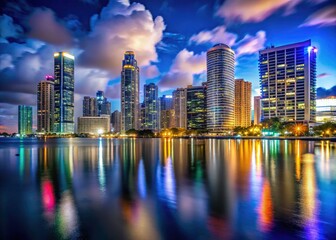 Fototapeta premium Stunning Miami nightscape: breathtaking skyline, vibrant city lights illuminating Florida's iconic architecture.