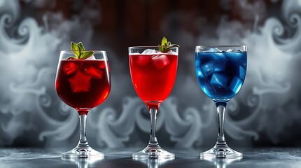 Group of three soft drinks in various glasses with garnish