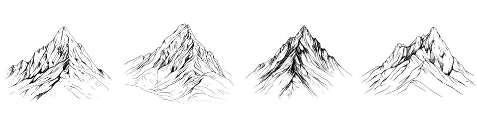 Hand-drawn vector illustration of majestic mountain peaks showcasing different angles and details in a natural landscape