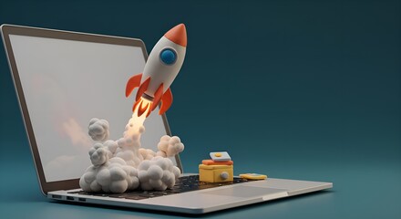 A soft, handcrafted claymation-style 3D rocket slowly lifts off from a laptop screen, with exaggerated clay smoke puffs