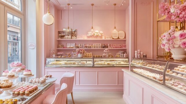 A charming bakery with pastel pink walls, stylish furniture, and exquisite confectionery displays.